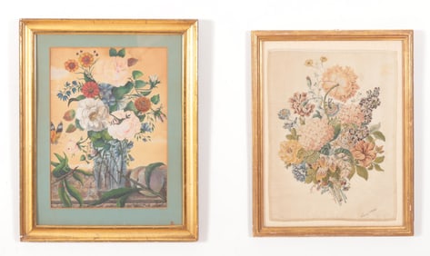 Two Floral Artworks - Watercolor, Needlepoint
