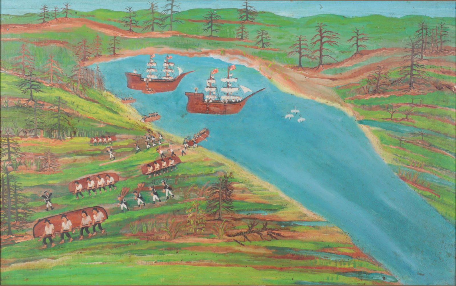 Besozzi-Outsider Art - Battle of Sag Harbor, 1777: Charles Besozzi, American, 1904-1997, Battle of Sag Harbor/Meig?s Raid, signed lower left and dated 1972, paint on wood panel board. The Battle of Sag Harbor or Meig's Raid took place on May 23 -24th 