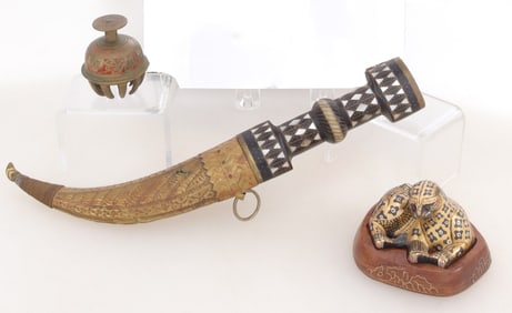 Metal Asian Objects Leopard, Dagger & Bell