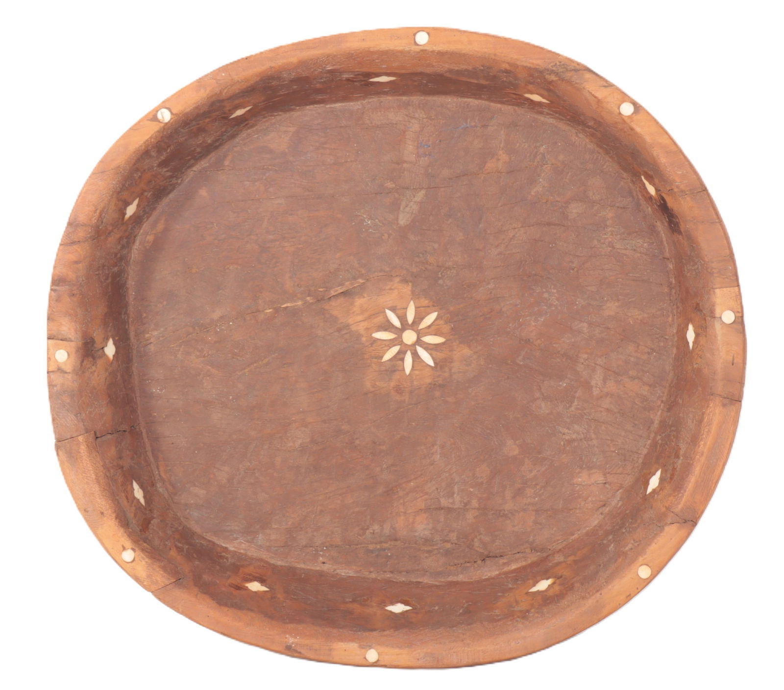 African Bone Inlaid Dough Kneading Bowl: African Bone Inlaid Dough Kneading Bowl 5" H x 27" W x 24.5" D Property from a Litchfield County home.