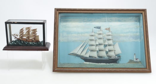 Primitive Painted Ship Shadowbox & Encased Model