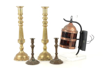2 Pairs Brass Candle Stands & Copper Lantern