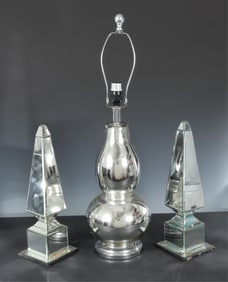 Pair Modern Mirrored Obelisk, Mercury Glass Lamp