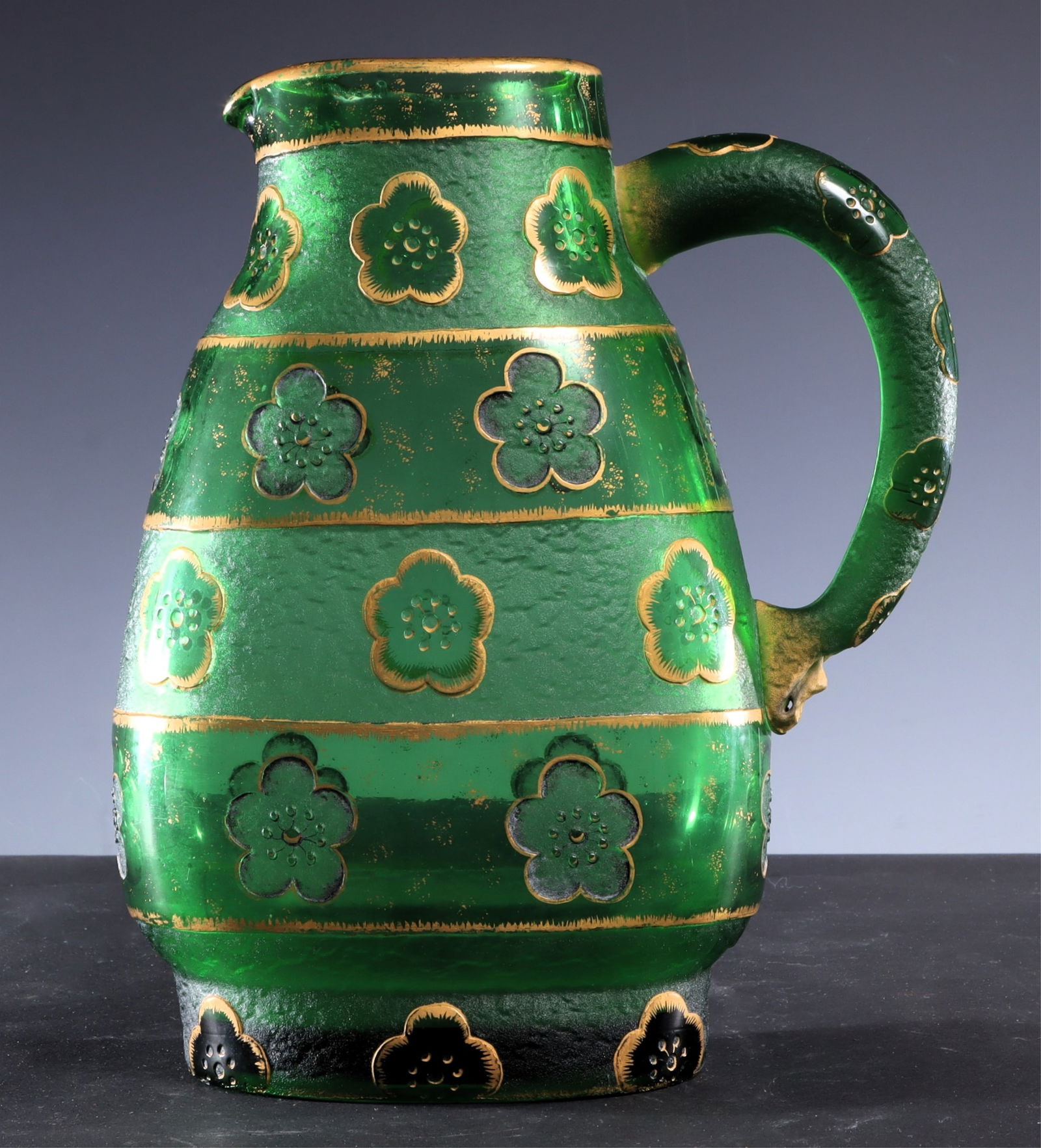 Daum Nancy - French Cameo Green Glass Gilt Pitcher (1 of 8)