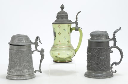3 German Pewter or Glass Steins
