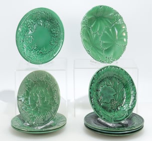 Nine 19/20C Green Majolica Plates