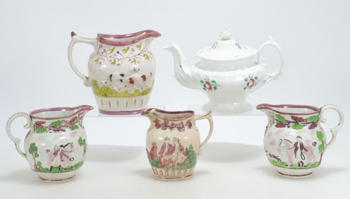 Five Antique English Lustreware Jugs