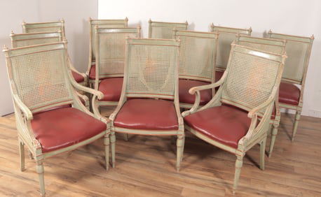 Twelve Louis XVI Style Green Painted Dining Chairs