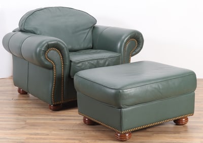 LEATHER CENTER Green Chair & Ottoman