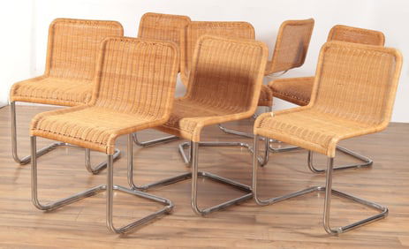 Eight Chrome & Wicker Cantilever Dining Chairs