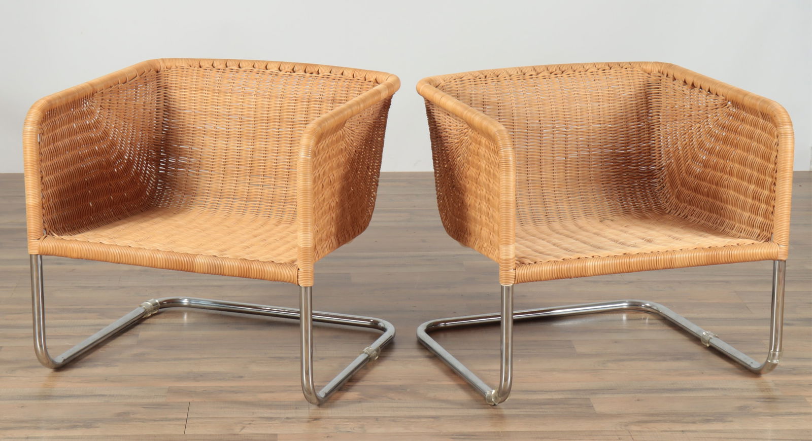 Pr Attrib Harvey Probber Chrome & Wicker Armchairs (1 of 5)