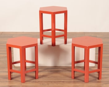 Three Modern Orange Painted Hexagonal Side Tables