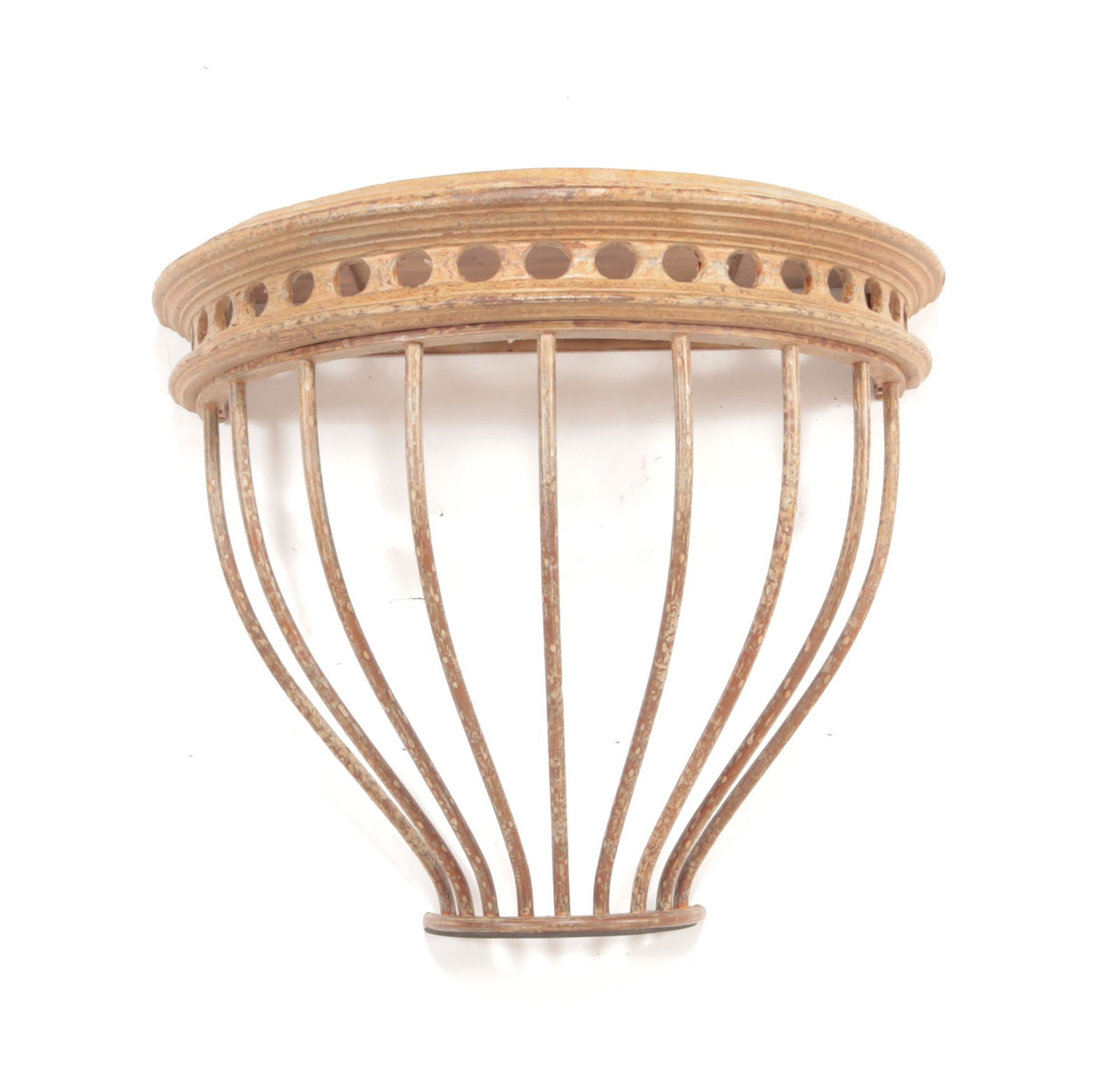 Patinated Iron & Teak Demilune Console: Patinated Iron & Teak Demilune Console 31.5" H x 36.5" W x 19.5" D