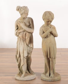 Two Cast Cement Figures - Maiden, Dog