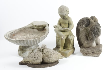 3 Cast Cement Figures & Birdbath