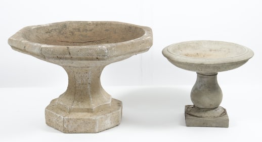 Two Small Modern Cast Cement Birdbaths