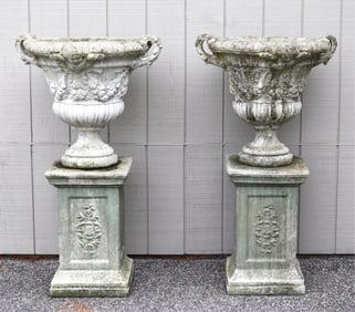 Pair Classical Style Cast Cement Urns/Pedestals