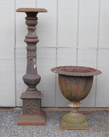Classical Style Black Ptd Cast Iron Urn & Pedestal