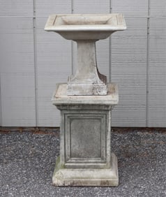 Cast Cement Square Bird Bath on Pedestal