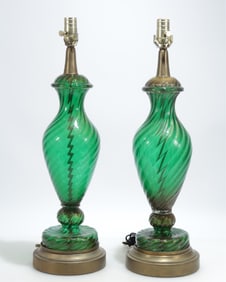 Pair Murano Barovier Emerald Green Table Lamps