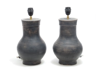 Pair Chinese Style Black Painted Ceramic Lamps
