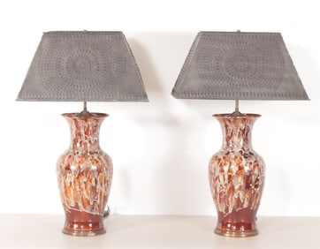 Pair Modern Drip Glazed Earthenware Lamps