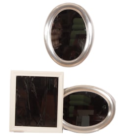 Pair Metal Clad Oval Mirrors & Wooden Rectangular