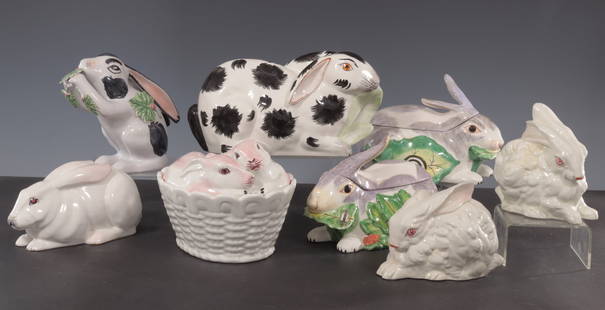 Group of Italian Porcelain and Ceramic Rabbits: Two Mottahedeh - Italy painted lidded Tureens. Rabbit - Italy S. 6760 Mottahedeh. Two Rabbits - S. 14102 Italy. Ceramic Rabbit - Made in France Marked Emile Tessier.Rabbit - Handpainted Portugal. Lidd