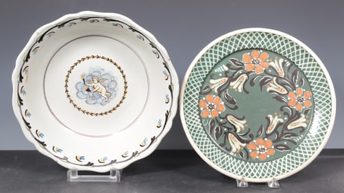 Delft Bowl & German Polychrome Glazed Dish