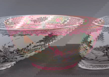 Famille Rose Porcelain Bowl: Chinese Export Famille Rose Large Hunting scene Bowl. 6.5" H x 14" Dia Property from a New York Estate.