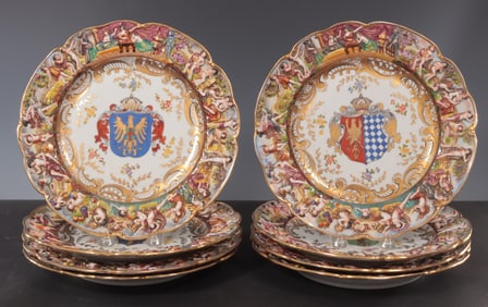Eight Armorial Crest Capodimonte Plates