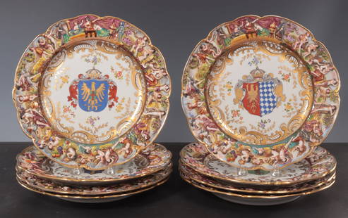 Eight Armorial Crest Capodimonte Plates: 8 Louis XVI style Armorial crest Capodimonte cabinet plates 10 1/2"dia From the collection of New York literary agent Wendy Weil