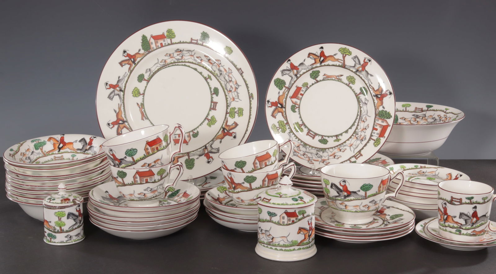 Crown Staffordshire Hunting Scene Dinner Service: Crown Staffordshire "Hunting Scene" Assembled Dinner Service. Dinner Plates (4) Salad Plates (8) Bread Plates (4) Bowls (9) Serving Bowl (1) Sugar (1) Small Sugar (1) Tea Cups (4) Coffee Cups (2) Coff