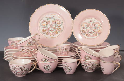 French Faience Luncheon Service: Set of Pink French Faience Luncheon Service. Assembled. Marked "France" on bottom. Dinner plates (6) Salad Plates (8) Bread Plates (6) Coffee Cups (8) Coffee Saucier (8) Tea Cup (6) Tea Saucier (6) Di