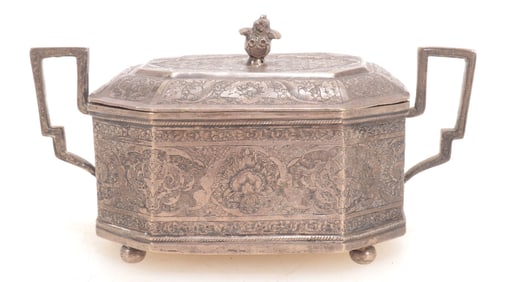 Engraved Octagonal Covered Silver Box Russian