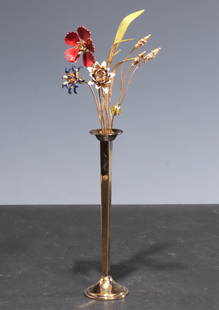 Cartier Sterling Silver Vase de Fleurs: Cartier Vase de Fleurs, weighted sterling silver bud vase with vermeil finish. Red, white, blue, and green enamel on flowers and leaves. Marked Cartier on bottom of vase. 9 1/4 H x 3 1/2 From the coll