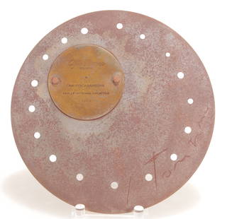 Lucio Fontana - Alfa Romeo Trophy Discus - Carlo Scarambone 1964: Lucio Fontana (1899-1968) Discus plaque, Carlo Scarambone Alfa Romeo 1964, from an edition of 130, machined and pierced steel disk engraved "Alfa Romeo Milano a Carlo Scarambone per le vittorie sporti