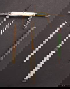 Four Traveling Utensils, Silver, Mother-Of-Pearl: Group of four traveling utensils, comprising: a traveling fork with mother-of-pear handle, marked; a folding knife with mother-of-pearl handle, marked; a miniature paring knife in a green and metal sh