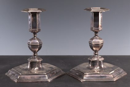 Pairr Engraved Silverplated Candlesticks 19C