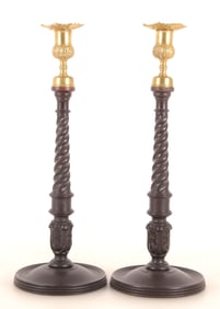 Pair Mahogany & Brass Candlesticks