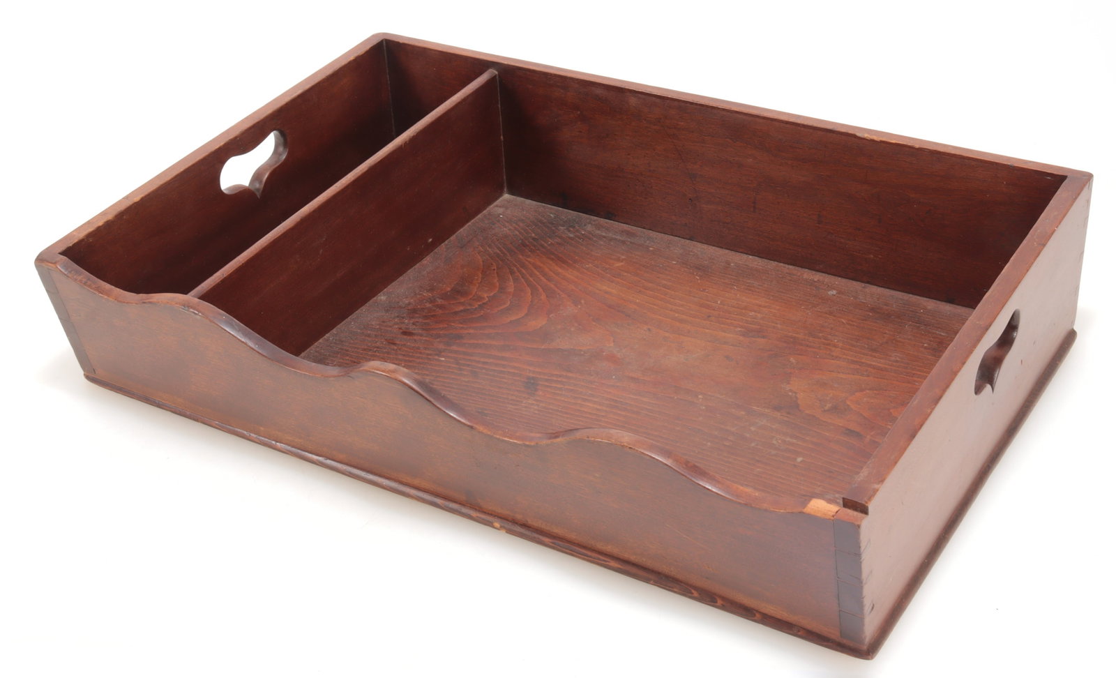 Cherry & Pine Tray: Cherry and pine tray, New England, 19th Century, with shaped front, divided interior, heart-shaped handles. 4 1/2" H x 23 1/4" W x 15 1/2" D