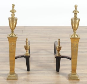Pair of Adams Style Engraved Brass Andirons