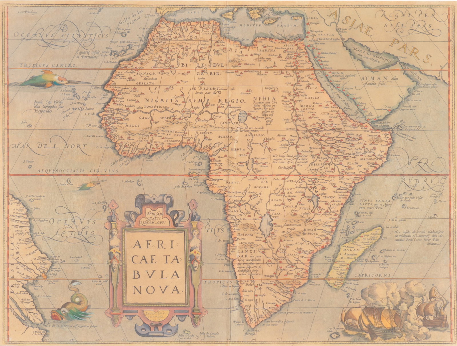 Ortelius - Africae Tabula Nova - c.1570: Abraham Ortelius, Antwerp, 1527-1598, Africae Tabula Nova, New Map of Africa, c. 1570, engraved by Frans Hogenberg (1539-1590), double page hand colored engraving. Note: Africae Tabula Nova appeared i