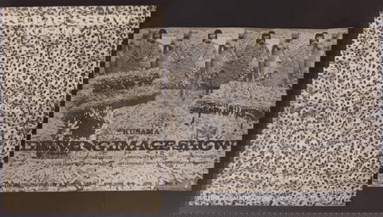 Yayoi Kusama - Driving Image, Floor Show Posters: Yayoi Kusama exhibition poster from the Castellane Gallery, 1964, photograph by Peter Moore, published on the occasion of Yayoi Kusama at Castellane Gallery, NYC, "Sex - Food-Obsession - Compulsion-Fu