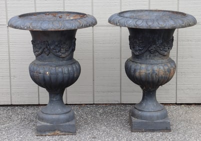 Pair of Black Cast Iron Garden Urns