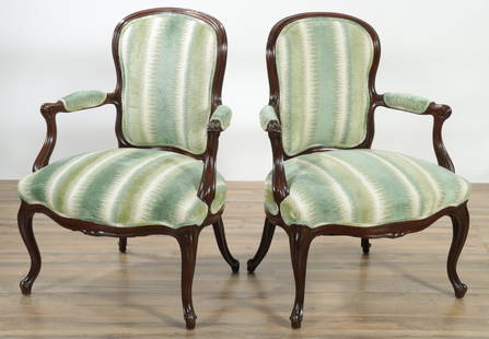 Pair of Louis XV Mahogany Bergeres: Pair Louis XV mahogany bergeres, French, 18th or 19th Century, with green velvet upholstery 36" OH; 15 1/2" H of seat; 26" W