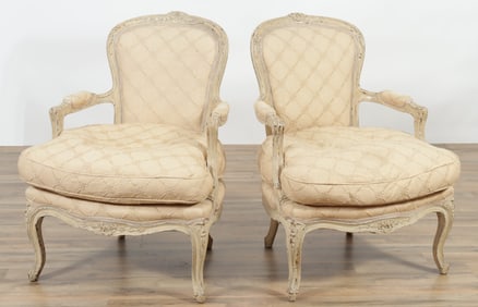 Pair Louis XV Style Cream Painted Fauteuils