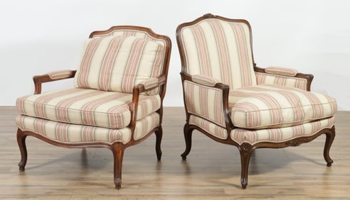 Matched Pair Louis XV Style Beech Stained Bergeres