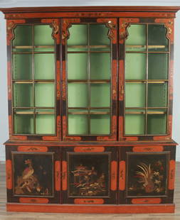 George III Style Chinoiserie Bookcase: George III Style Chinoiserie Decorated Red Painted Bookcase 88" H x 75.5" W x 16.5" D Property from a New York Estate.