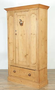 English Pine Wardrobe: English Pine Wardrobe, apron drawer, brass apple applied later 77" H x 43.5" W x 19" D Property from a Litchfield home.